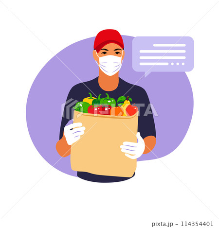 Delivery of goods during the prevention of coronovirus, Covid-19. Courier in a face mask with paper bag with fruit and vegetable in his hands. Vector flat illustration. 114354401
