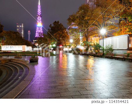 ライトアップされた夜の大通公園とテレビ塔 114354421