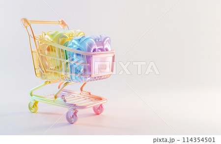 Toy metallic pastel shopping cart on grey background, 3d style illustration 114354501