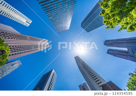 日本の東京都市景観　新宿副都心の摩天楼や太陽光、東京都庁などを望む 114354595