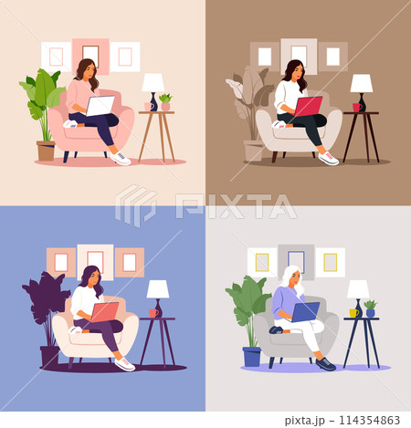 Woman sitting with laptop. Concept illustration for working, studying, education, work from home, healthy lifestyle. Can use for backgrounds, infographics, hero images. Flat. Vector illustration. 114354863