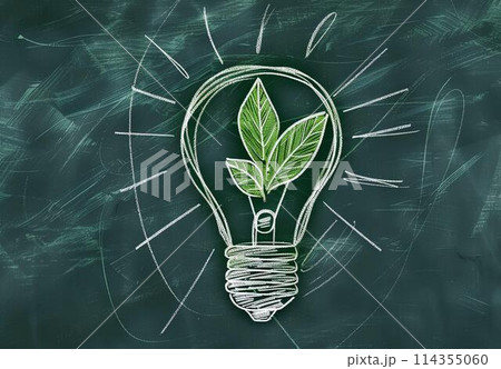 Green eco lightbulb with leaf on blackboard. Ecology concept Green eco lightbulb with leaf on blackboard. Ecology concept 114355060