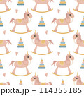 A simple seamless pattern in a flat style. Unicorn. For decoration of children's room, textiles, wrapping paper, wallpaper. Vector. 114355185