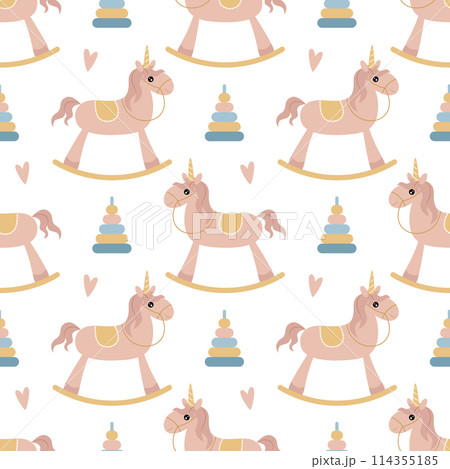 A simple seamless pattern in a flat style. Unicorn. For decoration of children's room, textiles, wrapping paper, wallpaper. Vector. 114355185