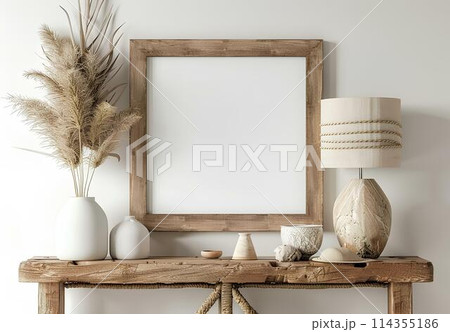 Interior of living room with wooden shelf, vases and plants. Mock up poster frame.  114355186