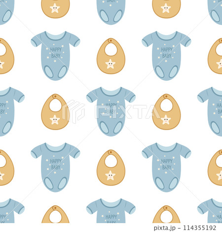 A simple seamless pattern in a flat style. Children's clothes. For decoration of children's room, textiles, wrapping paper, wallpaper. Vector. 114355192