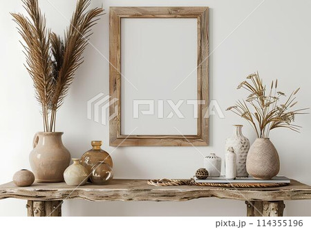 Interior of living room with wooden shelf, vases and plants. Mock up poster frame. Interior of living room with wooden shelf, vases and plants. Mock up poster frame. 114355196