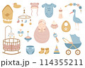 Cute baby set. Cradle, stroller, toys, pacifier. Collection of vector elements on white background for design of postcards, posters, stickers, stickers. 114355211