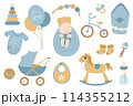 Cute little boy baby set. Collection of vector elements on white background for design of cards, posters, stickers, stickers. 114355212