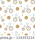 A simple seamless pattern in a flat style. Children's tricycle. For decorating children's room, textiles, wrapping paper, wallpaper. Vector. 114355214