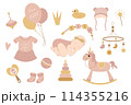 Cute little girl baby set. Collection of vector elements on white background for design of cards, posters, stickers, stickers. 114355216