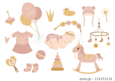 Cute little girl baby set. Collection of vector elements on white background for design of cards, posters, stickers, stickers. 114355216