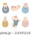 Set of vector elements on white background. Newborn babies, girls and boys. for decoration of cards, banners, posters, stickers, stickers. 114355218