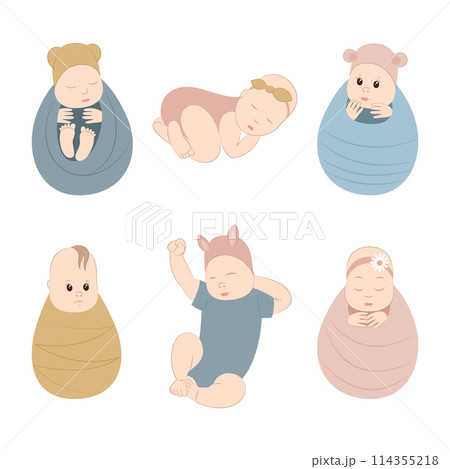 Set of vector elements on white background. Newborn babies, girls and boys. for decoration of cards, banners, posters, stickers, stickers. 114355218