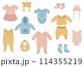 A set of clothes for babies. Fashionable clothes for girls and boys. Vector illustration. 114355219