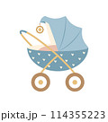 Baby stroller for a newborn baby. Vector illustration on white background for design of postcards, posters, stickers, stickers. 114355223