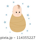Vector illustration of a baby boy on white background. Boy wrapped in a cocoon. For postcards, stickers, stickers, tags, posters. 114355227