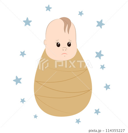 Vector illustration of a baby boy on white background. Boy wrapped in a cocoon. For postcards, stickers, stickers, tags, posters. Vector illustration of a baby boy on white background. Boy wrapped in a cocoon. For postcards, stickers, stickers, tags, posters. 114355227