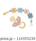 Pacifier and pacifier holder. Vector illustration on white background for design of postcards, posters, stickers, stickers. 114355230