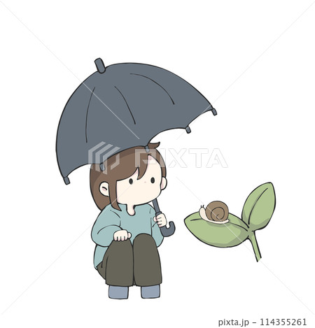 傘をさしてカタツムリを見つめる女の子 114355261