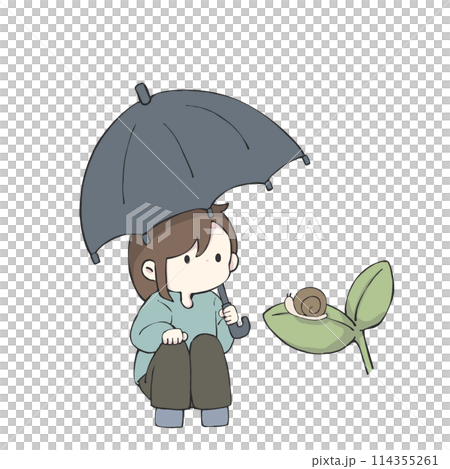 傘をさしてカタツムリを見つめる女の子 114355261