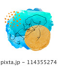 One single line drawing of a female figure portrait with watercolor abstract shapes on background 114355274