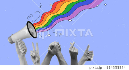 Megaphone with rainbow appearing and raised human hands showing support to LGBT community against purple background. Contemporary art collage. 114355534