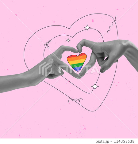 Human hands forming heart shape with rainbow heart symbol inside against pink background. Contemporary art collage. 114355539