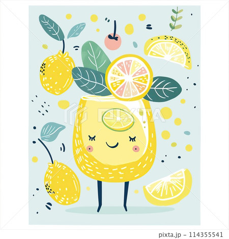 Cute lemonade illustration. Hand drawn cartoon style lemonade with fruits. 114355541