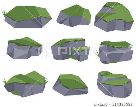 Rock stone set cartoon. Cartoon game art rocks and stones. Stones boulder, gravel rubble and pile of rocks cartoon isolated vector illustration EPS10 Rock stone set cartoon. Cartoon game art rocks and stones. Stones boulder, gravel rubble and pile of rocks cartoon isolated vector illustration EPS10 114355552