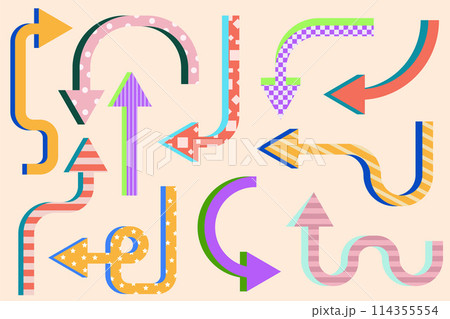 Dynamic arrows doodle set. Various playful arrow. Colorful swirl marker forms, pointing vector isolated elements for presentation 114355554