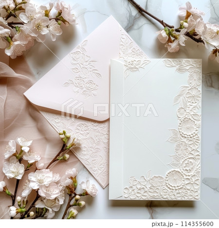 A minimalist wedding invitation card, elegantly designed with a white floral embossed pattern, complemented by a pastel envelope and cherry blossoms.. 114355600
