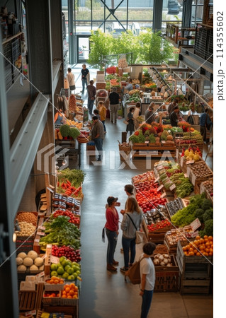 Overlooking an indoor market aisle, this image captures shoppers browsing through an array of vibrant fresh produce with an industrial-style architecture overhead.. 114355602