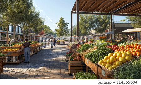 The image features a shaded alley in an outdoor market, lined with stalls offering a fresh variety of produce, inviting shoppers into a tranquil, tree-lined space.. 114355604
