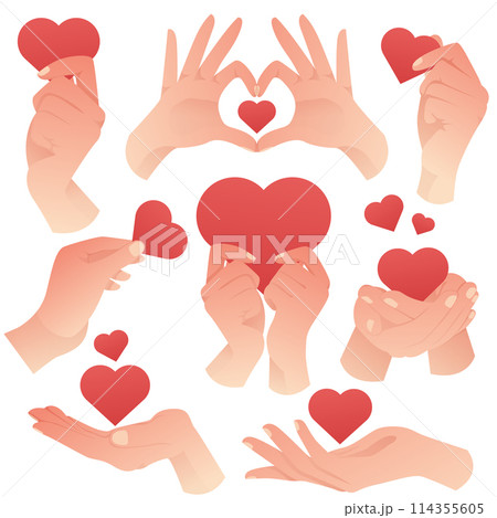 Set of cartoon hands with hearts. Fingers hold heart. Human hands holding and giving red hearts. Valentine's Day, Kindness Day, love, support. Love symbols banner. 114355605
