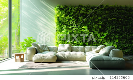 This image presents a luxurious living room with plush seating and an expansive green wall, blending comfort with a touch of nature's vitality.. 114355606