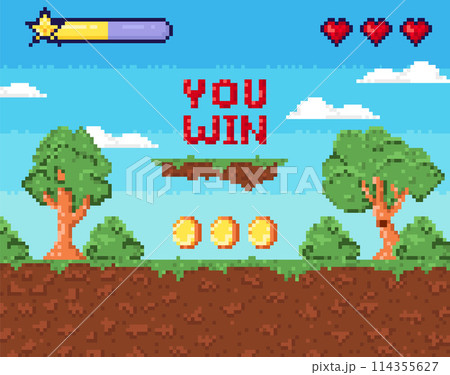 Pixel art game win background. Retro 8 bit video game interface with You Win text, computer game level up background. Win screen Pixel art game win background. Retro 8 bit video game interface with You Win text, computer game level up background. Win screen 114355627