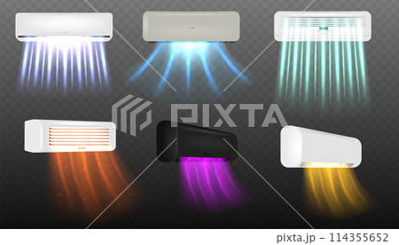 Air conditioners with flows of cold, hot and fresh clean air. Electronic device for monitoring the room temperature. Realistic air conditioning split system indoor Air conditioners with flows of cold, hot and fresh clean air. Electronic device for monitoring the room temperature. Realistic air conditioning split system indoor 114355652