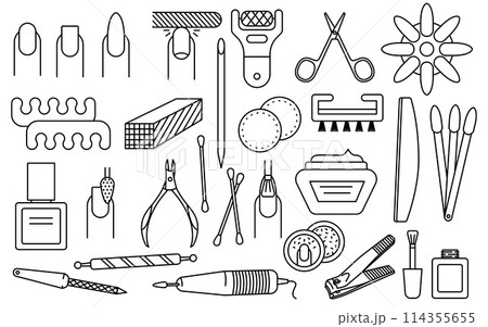 Nail Manicure Line Icons Stroke. Manicure equipment. Cartoon professional hand nail care tools, stylish icons Nail Manicure Line Icons Stroke. Manicure equipment. Cartoon professional hand nail care tools, stylish icons 114355655