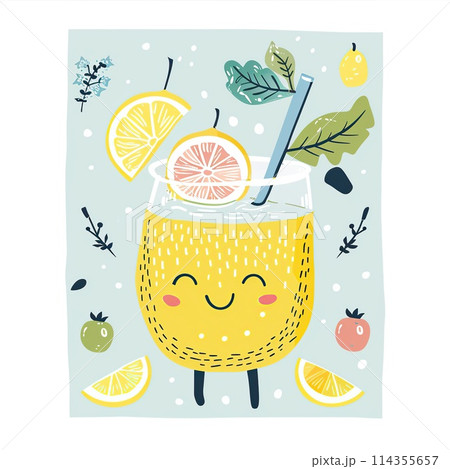 Cute lemonade in a glass with a straw and lemons. Hand drawn summer illustration. 114355657