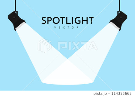 Lamp illumination icon in flat style. Spotlight vector illustration. Movie spotlight. Vector flat spotlight on blue background with space for text. Lamp illumination icon in flat style. Spotlight vector illustration. Movie spotlight. Vector flat spotlight on blue background with space for text. 114355665