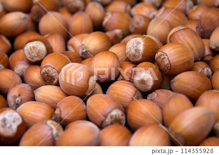 Many peeled hazel nuts - background of nature Many peeled hazel nuts - background of nature 114355928