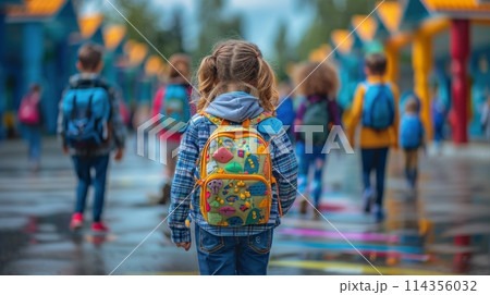 Two Girls Walking Down Aisle of Store 114356032