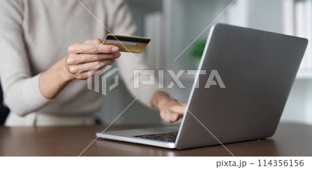 A woman is using a laptop to pay for something with a credit card A woman is using a laptop to pay for something with a credit card 114356156