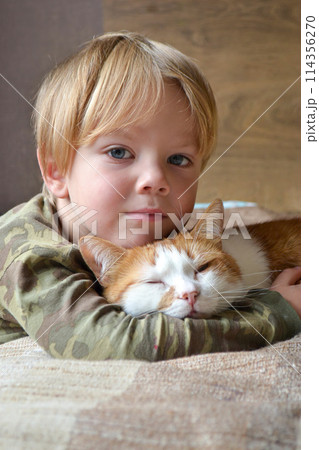 Portrait of happy adorablechild aged four years old on the bed in his room whit sleeping red cat. Thoughtful look. High quality photo Portrait of happy adorablechild aged four years old on the bed in his room whit sleeping red cat. Thoughtful look. High quality photo 114356270