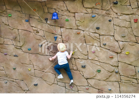The boy is engaged in rock climbing. Climbing harness safety sports equipment. Rope amusement city park, obstacle course. Kids children's attraction center. High quality photo The boy is engaged in rock climbing. Climbing harness safety sports equipment. Rope amusement city park, obstacle course. Kids children's attraction center. High quality photo 114356274