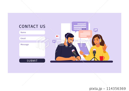 Contact us form template for web. People recording podcast in studio flat vector illustration. 114356369