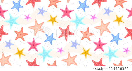 Colorful starfish, undersea concept seamless pattern. Summer, beach style concept design, 5 armed tentacles sea star print background design on sands 114356383
