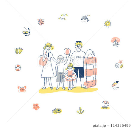 海水浴を楽しむ家族と海のアイコン 114356499