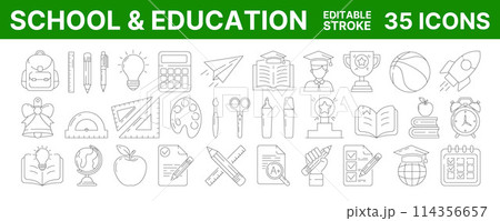 School and education, line vector icon set, editable stroke. Back to school collection with symbols of knowledge, learning, study, task list, stationery, backpack. For web, mobile app, social media School and education, line vector icon set, editable stroke. Back to school collection with symbols of knowledge, learning, study, task list, stationery, backpack. For web, mobile app, social media 114356657